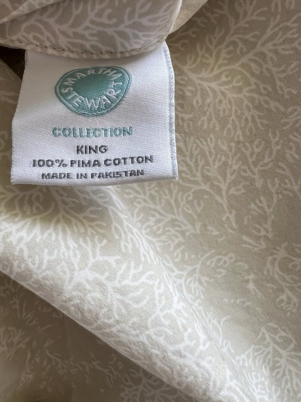 Martha Stewart KING Duvet Cover 100% PIMA Cotton Tan White Botanical Bedding